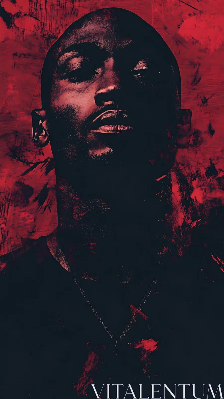 Red-black expressive portrait with high-contrast shadows.