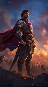 Regal warrior in gilded armor commanding a burning battlefield.