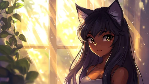 Sunlit cat-eared girl stands in golden dustlit window glow.