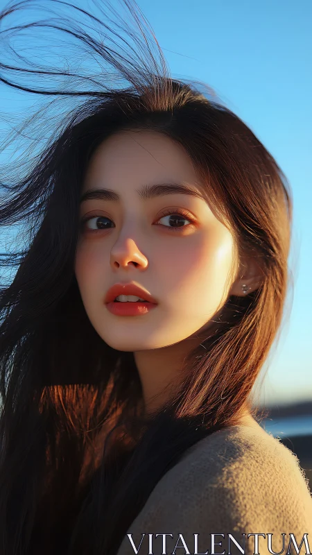 Sunlit close-up portrait of young woman in golden hour wind