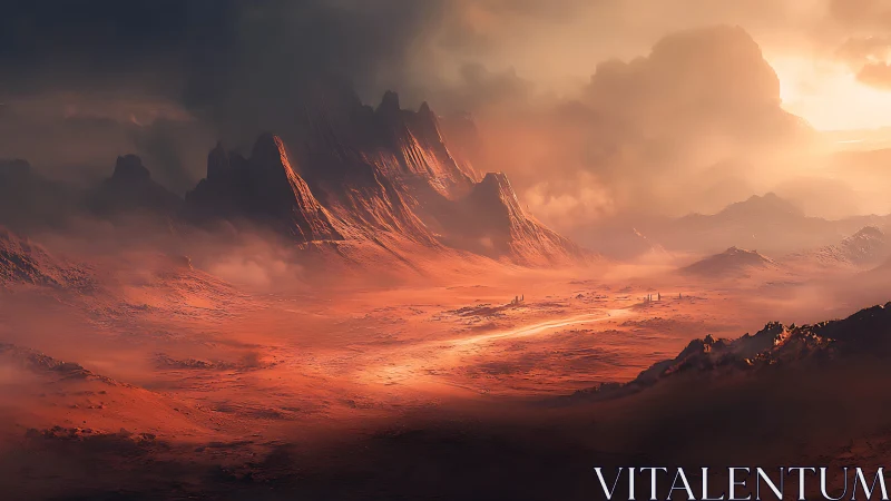 Fiery alien canyon glows beneath stormy, dust-filled skies