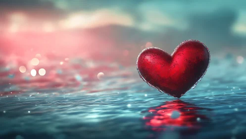 Luminous Red Heart Floating on Crystalline Water Surface