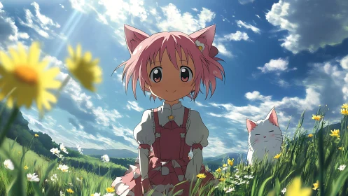 Pink haired cat girl enjoys a sunny meadow with her friend.