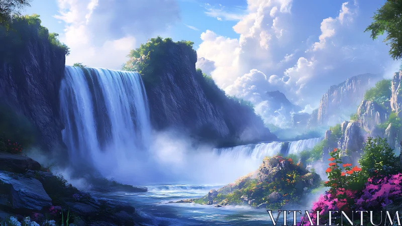 Luminous twin waterfalls in misty floral mountain valley.