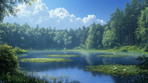 Lilies drift like quiet thoughts across a summer forest lake