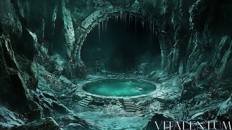 Frozen cavern pool under ruined archway with glacial teal illumination
