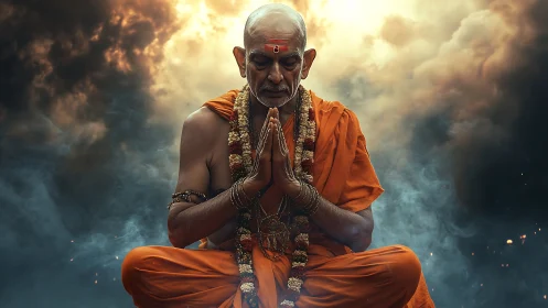 Elder monk in orange robes meditating amid cinematic clouds.