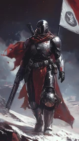Armored sci-fi soldier advances through snow with battle flag