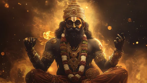 Divine meditator in fiery aura with ornate golden regalia.