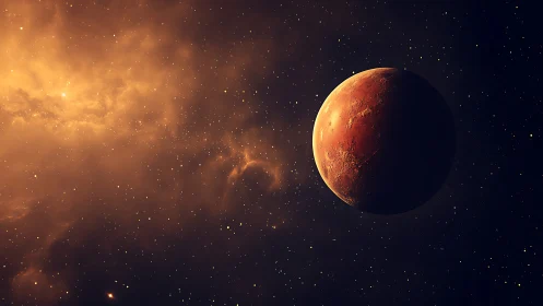 Rust-red wanderer drifts beside a glowing cosmic furnace.