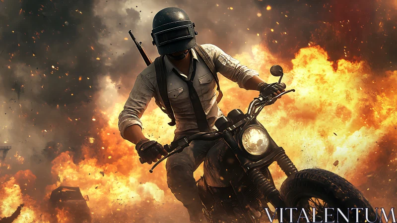 Helmeted rider on motorcycle escaping fireball explosion.