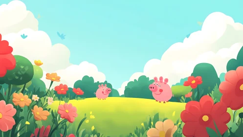 Cartoon pig characters in stylized flower meadow under bright sky