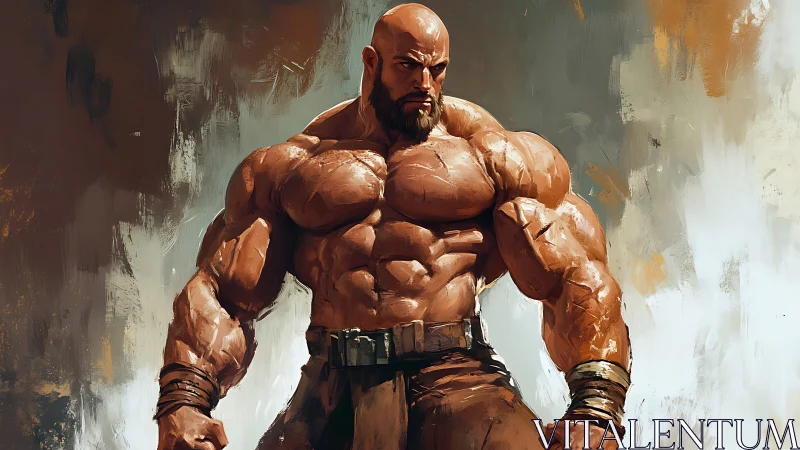 Muscular bald warrior stands in powerful front pose.