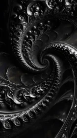 Dark metallic fractal spiral with ornate swirling patterns.