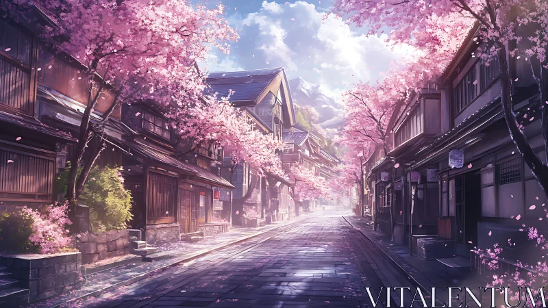 Cherry blossoms lining quiet traditional Japanese street.