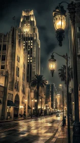 Moody art deco city street glows under stormy night sky