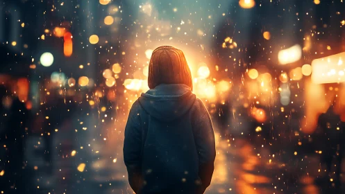 Solitary hooded figure in neon city bokeh rainstorm at night.