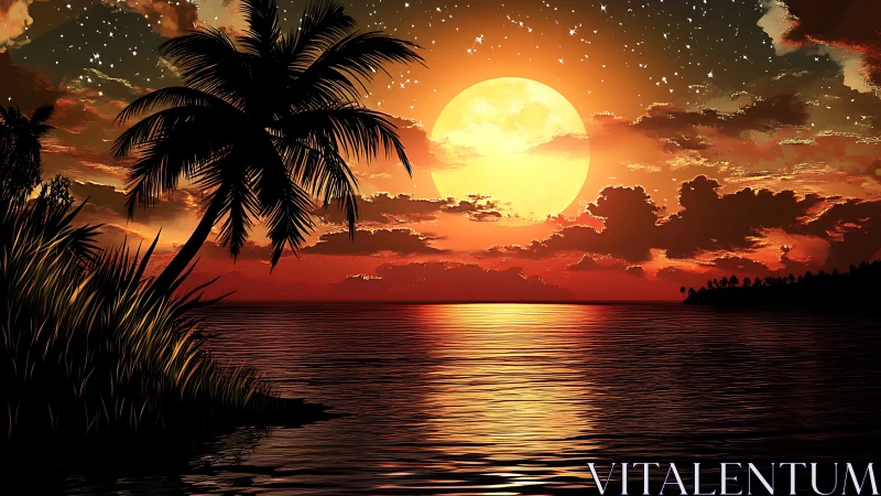 Digital sunset seascape with silhouetted palms and lunar glow.