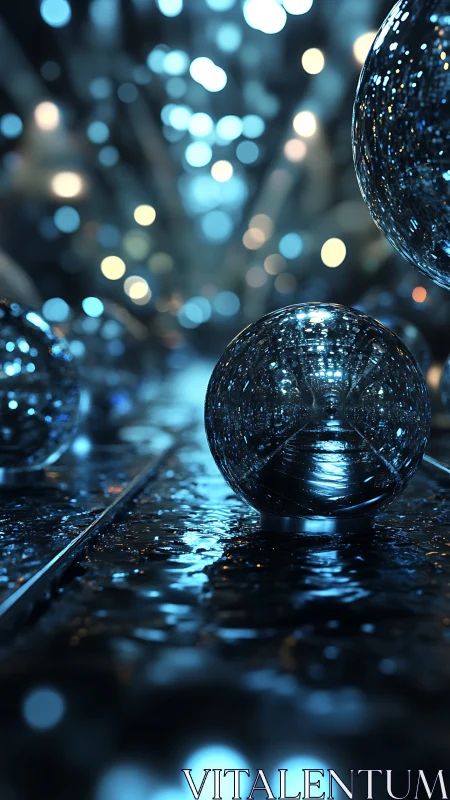 Luminous glass sphere on reflective wet metal corridor.
