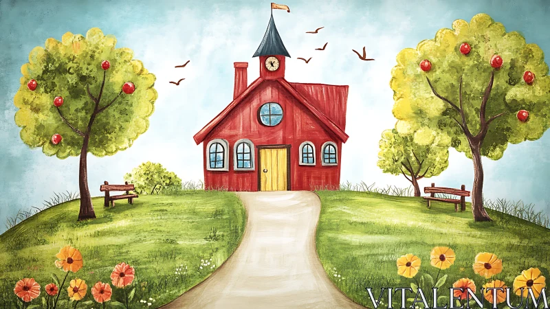Whimsical red schoolhouse landscape in storybook watercolor style.