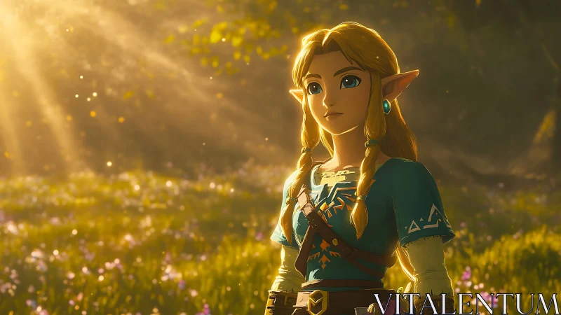 Elf warrior stands in sunlit forest meadow, quietly resolute