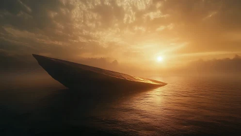 Abandoned boat silhouetted against golden sunrise over misty waters