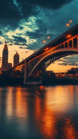 Urban river bridge at dusk with vivid reflections glowing.