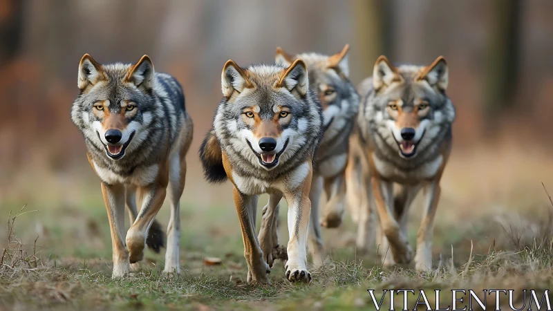 Wolf pack advancing through meadow in sharp focus detail.