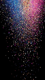 Multicolored digital confetti particles descend on black background