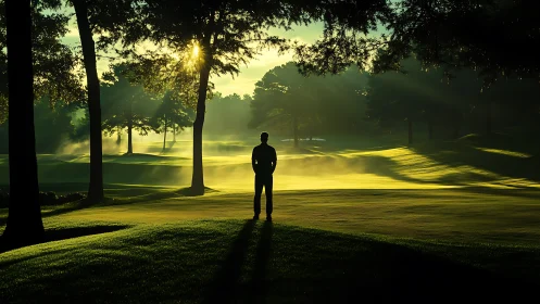 Golden sunrise welcomes a lone golfer to the misty course