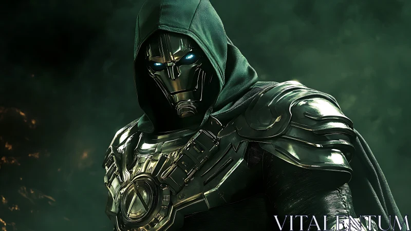 Hooded techno warlord in emerald stormlit armor stares down.