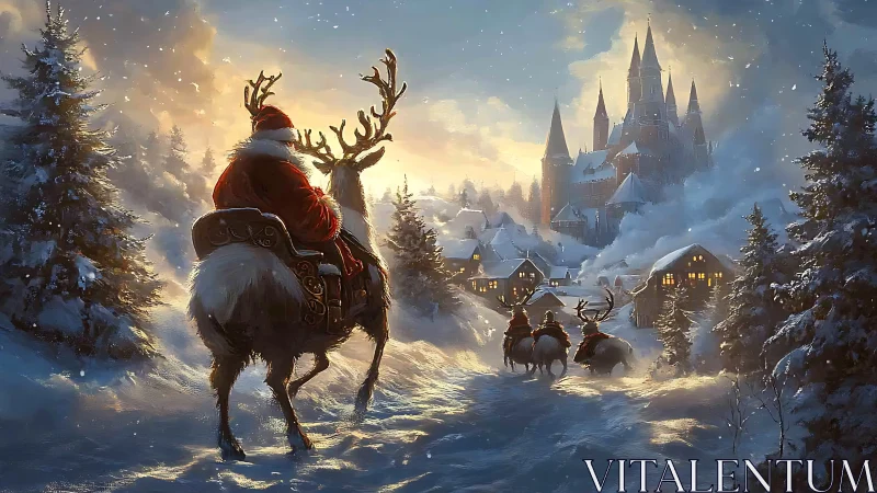 Snow-covered valley shows riders on reindeer approaching castle