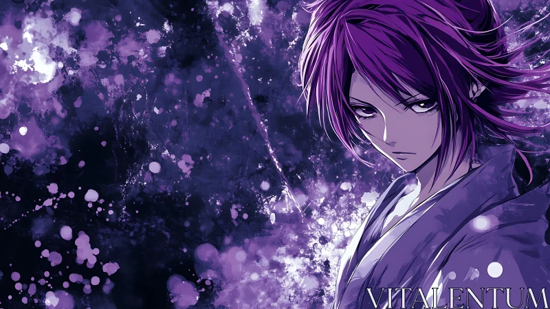 Purple-haired anime figure stands before abstract splatter field