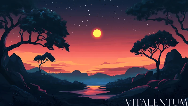 Serene river landscape under vivid sunset sky at dusk.