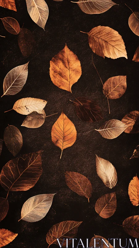 Autumnal leaf matrix on textured dark ground surface.