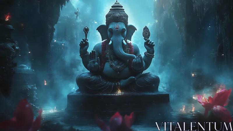 Mythic blue Ganesha idol in mist-laden subterranean shrine