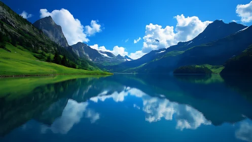 Calm mountain lake with vivid reflections under blue sky.