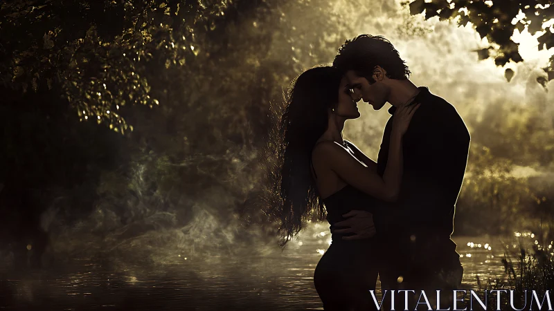 Romantic couple shares intimate moment in golden riverside light.