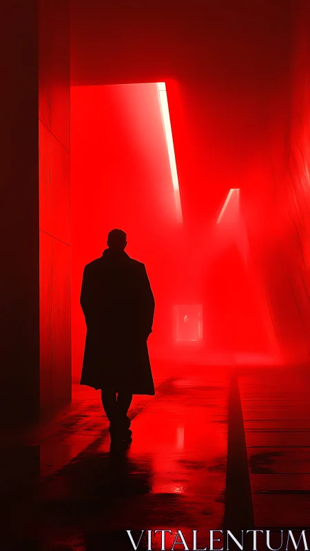 Silhouetted figure crosses a neon red corridor in silence.