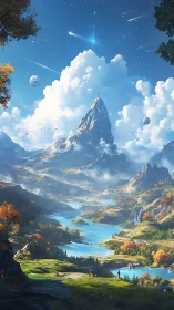 Starlit mountain valley where quiet rivers meet the sky.