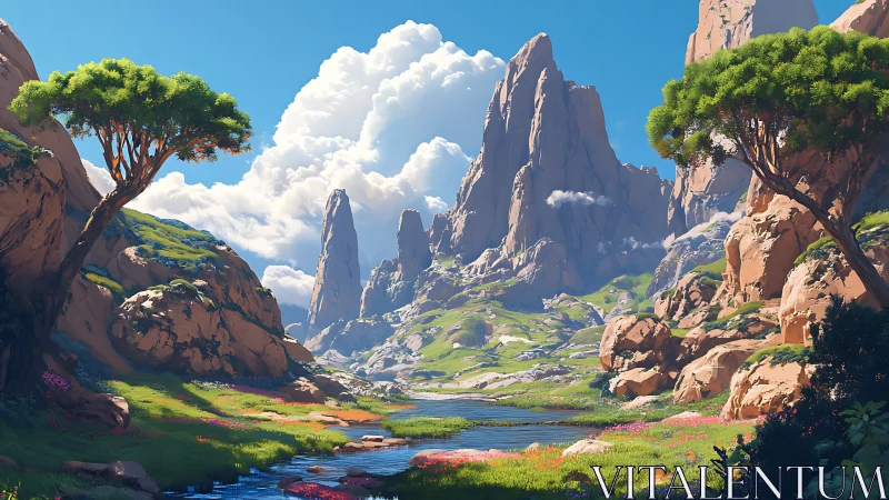 Sunlit stylized canyon valley with river and monolithic peaks.