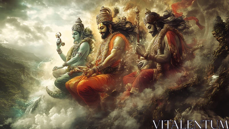 Celestial Hindu deities glide through swirling divine clouds.