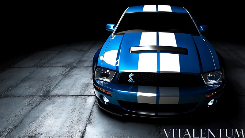 Blue racing muscle car emerges under dramatic studio light