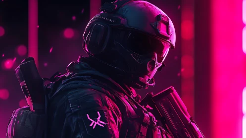 Armored cyber-soldier stands in neon magenta backlight corridor