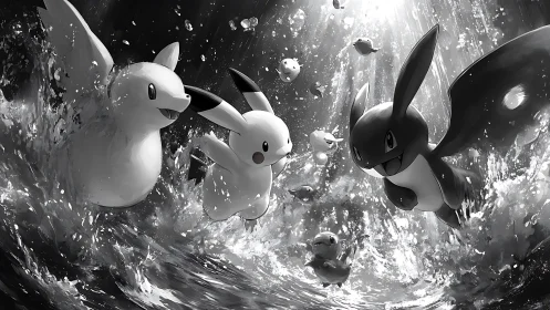 Playful creatures surfing stormy waves in bright monochrome.