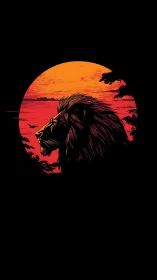 Lion profile silhouette against blazing red sunset sky.