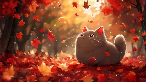 Fluffy Cat Enchanted by Falling Autumn Leaves.