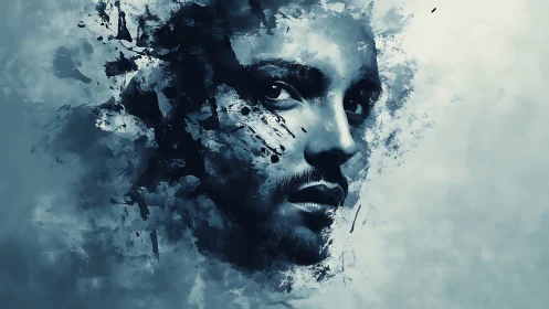 Abstract male portrait dissolves into smoky blue fragments