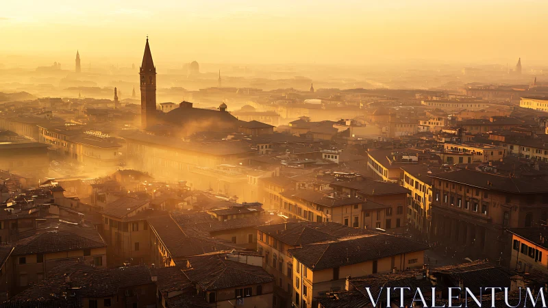 Sunlit haze diffuses across a dense historic cityscape
