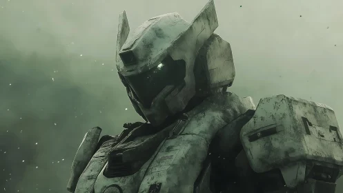 Battle-scarred mecha sentinel in ash-tinted stormlight.